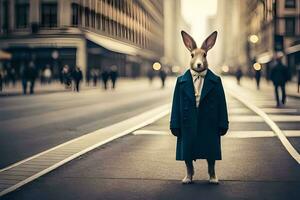 a rabbit dressed in a coat and tie standing on a street. AI-Generated photo
