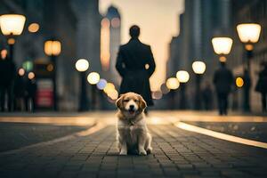 un perro sentado en el calle en frente de un persona. generado por ai foto