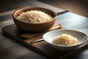 dos bochas de arroz sentar en un de madera bandeja. generado por ai foto