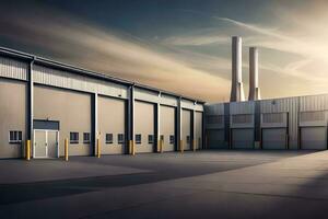 industrial warehouse with large doors and windows. AI-Generated photo