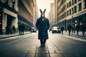 un Conejo vistiendo un traje y Corbata en pie en el medio de un ciudad calle. generado por ai foto