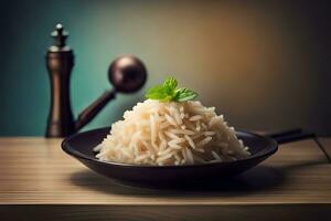 a bowl of rice with mint leaves on top. AI-Generated photo