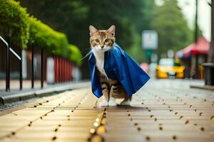 a cat wearing a blue cape on a street. AI-Generated photo