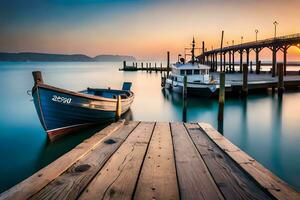 a boat docked at a pier at sunset. AI-Generated photo