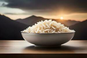 arroz en un cuenco en un mesa con montañas en el antecedentes. generado por ai foto