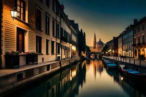 a canal in the middle of a city at dusk. AI-Generated photo