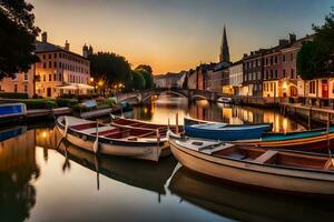 barcos atracado en un canal a puesta de sol en un ciudad. generado por ai foto