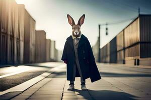 a rabbit wearing a coat and tie standing on a street. AI-Generated photo