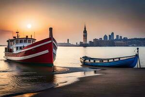 two boats are docked at the shore of a body of water. AI-Generated photo