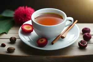 a cup of tea with a spoon and a bowl of berries on a wooden table. AI-Generated photo