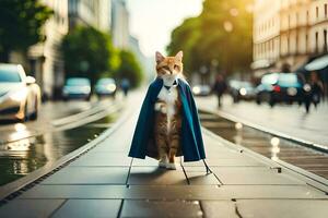 a cat wearing a cape walks down a street. AI-Generated photo