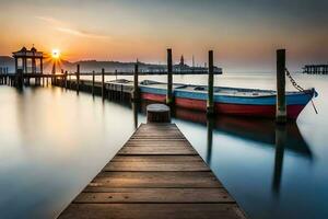 un barco es atracado a el final de un muelle a puesta de sol. generado por ai foto