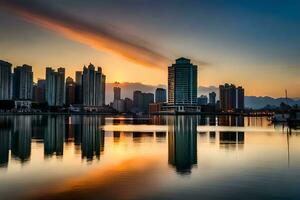 un ciudad horizonte a puesta de sol con agua y edificios generado por ai foto