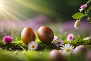 two brown eggs in the grass with daisies and daisies. AI-Generated photo