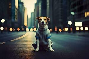 a dog sitting on the street in front of a city. AI-Generated photo