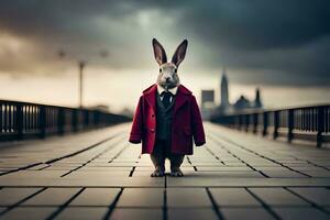 a rabbit wearing a red coat and tie standing on a bridge. AI-Generated photo