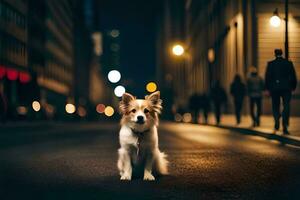 a dog sitting on the street at night. AI-Generated photo