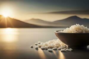 rice in bowl and mountains in the background. AI-Generated photo