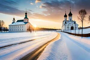 a road leading to a church in the snow. AI-Generated photo