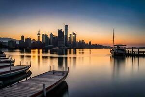 boats are docked in the water at sunset. AI-Generated photo