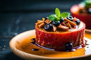 a dessert with fruit and nuts on a wooden plate. AI-Generated photo