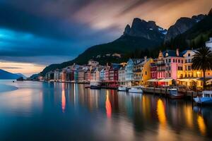 el hermosa pueblo de fjell en Noruega a oscuridad. generado por ai foto