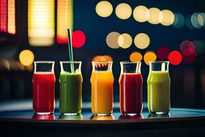 five different colored juices are lined up on a table. AI-Generated photo