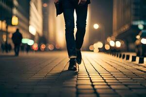 un persona caminando abajo un ciudad calle a noche. generado por ai foto