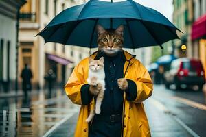 a man in a yellow raincoat holding a cat under an umbrella. AI-Generated photo