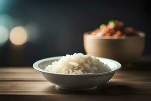 white rice in bowl on wooden table with blurry background. AI-Generated photo