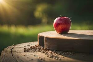 un manzana se sienta en parte superior de un de madera mesa. generado por ai foto