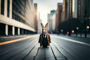a rabbit wearing a suit and tie standing in the middle of a city street. AI-Generated photo