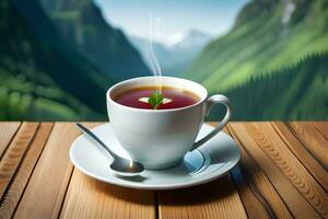 a cup of tea on a wooden table with mountains in the background. AI-Generated photo