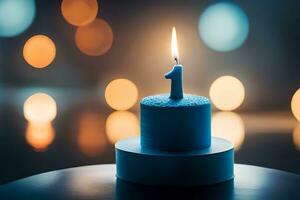 a blue candle is lit on a table in front of a blurred background. AI-Generated photo