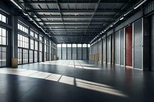 an empty warehouse with large windows and doors. AI-Generated photo