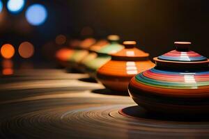 colorful pottery on a table with a blurry background. AI-Generated photo