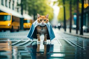 a cat wearing a blue jacket on a rainy street. AI-Generated photo