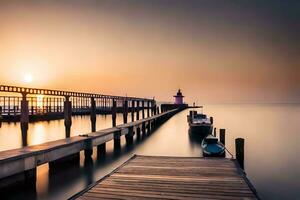 a pier with a lighthouse at sunset. AI-Generated photo