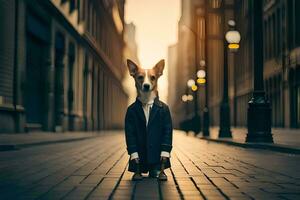 a dog in a suit stands on a street. AI-Generated photo