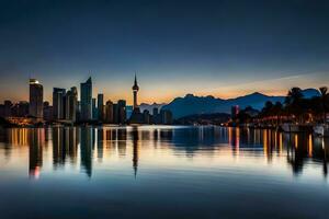 el ciudad horizonte es reflejado en el agua a puesta de sol. generado por ai foto