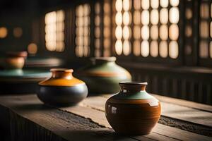 a row of vases sitting on a wooden table. AI-Generated photo