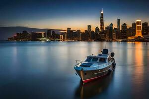 a boat is docked in front of a city skyline. AI-Generated photo