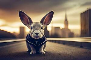 a rabbit wearing a jacket and standing on a road. AI-Generated photo