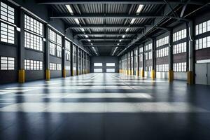 an empty warehouse with lots of windows and a large door. AI-Generated photo