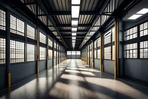 an empty warehouse with windows and a long hallway. AI-Generated photo