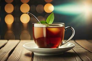 a cup of tea with a leaf on the side. AI-Generated photo