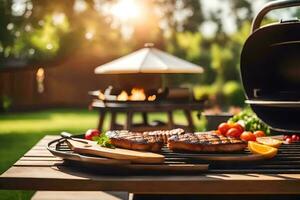 grilling steak on a grill in the backyard. AI-Generated photo