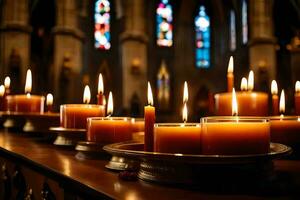 candles are lit in a church with candles. AI-Generated photo