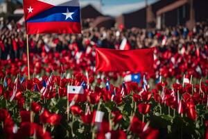 un grande multitud de personas son en pie en frente de un campo de rojo flores generado por ai foto