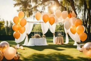 a wedding ceremony with white and gold balloons. AI-Generated photo